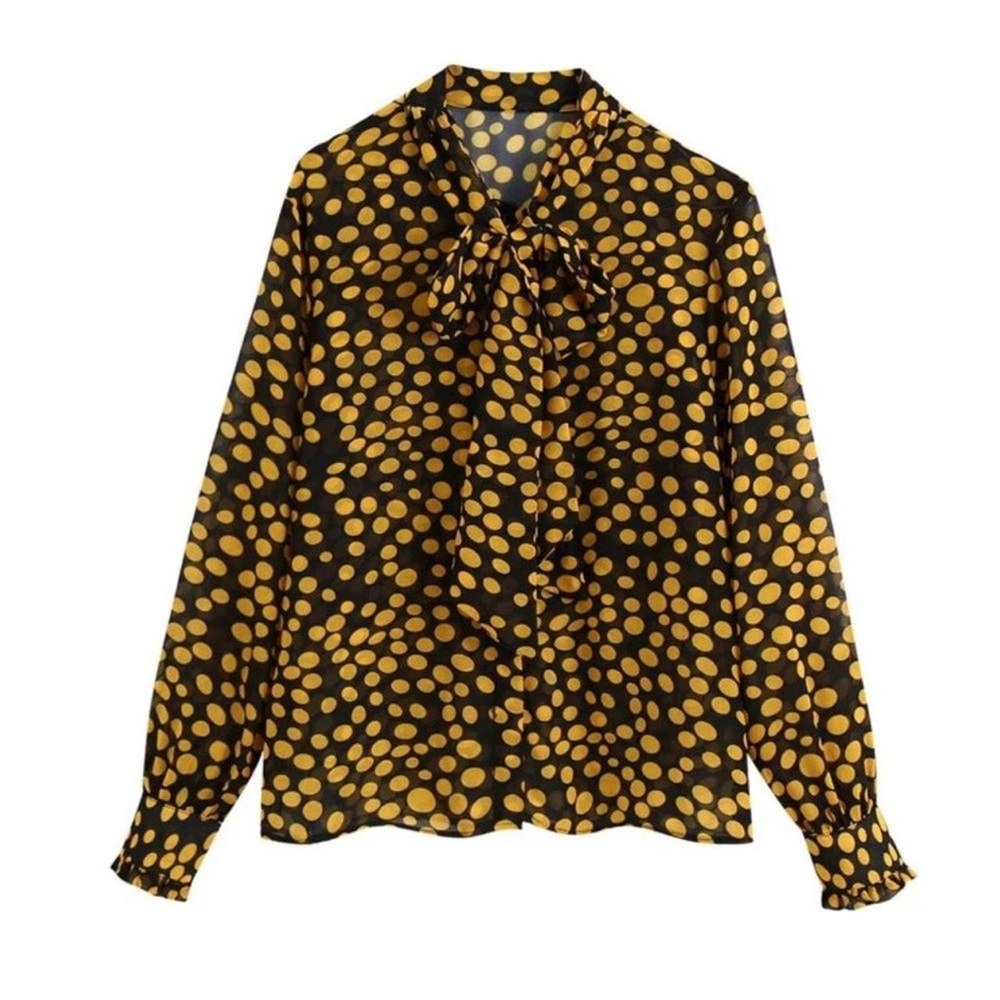 NWT Zara Black and Orange Polka Dot Blouse size medium
